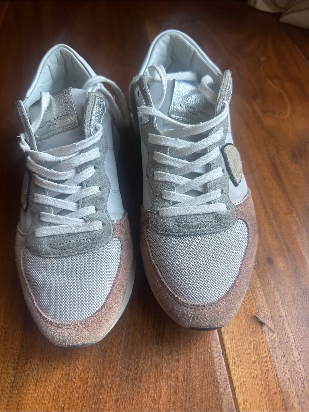 Philippe Model Paris-Tropez sneaker in White, Gray & Tan Suede Accents 7.5